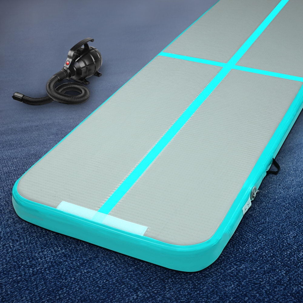 Everfit GoFun 3X1M Inflatable Air Track Mat with Electric Pump, showcasing its durable fabric and vibrant mint and grey colors.